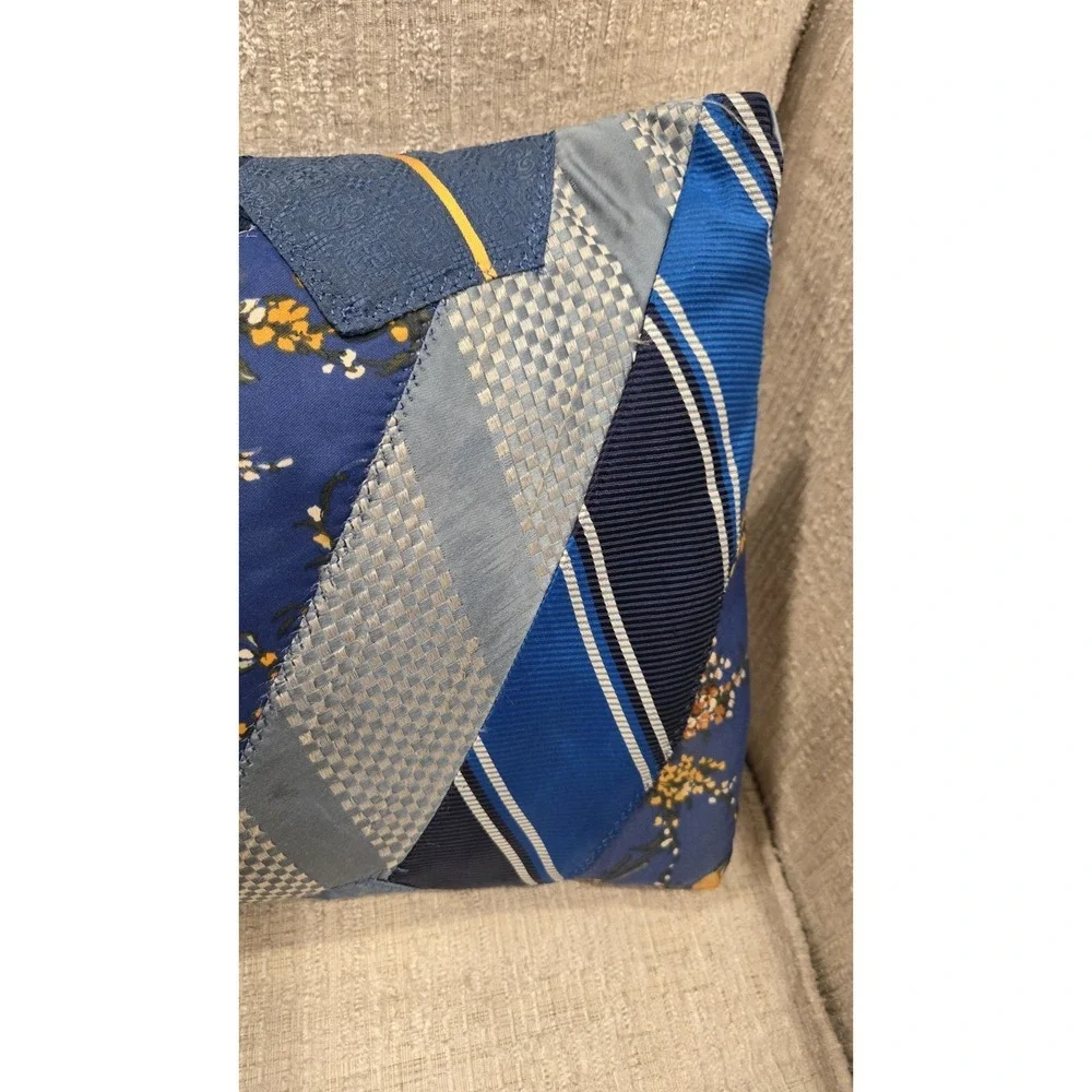 Handmade Upcycled Necktie Patchwork Lumbar Pillow – Reis of New Haven – Blue Mix